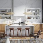 a kitchen with Et Calacatta wall surface, countertops, and kitchen island paired with wooden bar stools, an an open shelving with kitchen ware displays