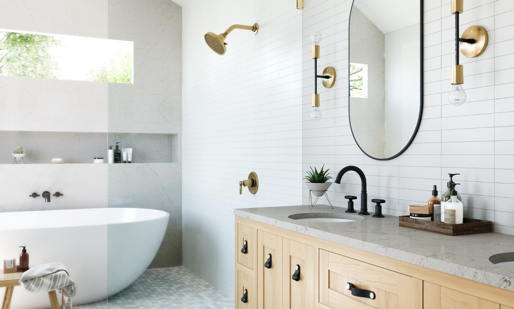 a bathroom with a bathtub area that has golden showerhead and a vanity area that has an oval mirror, a windrush countertop, and brown wooden cabinets