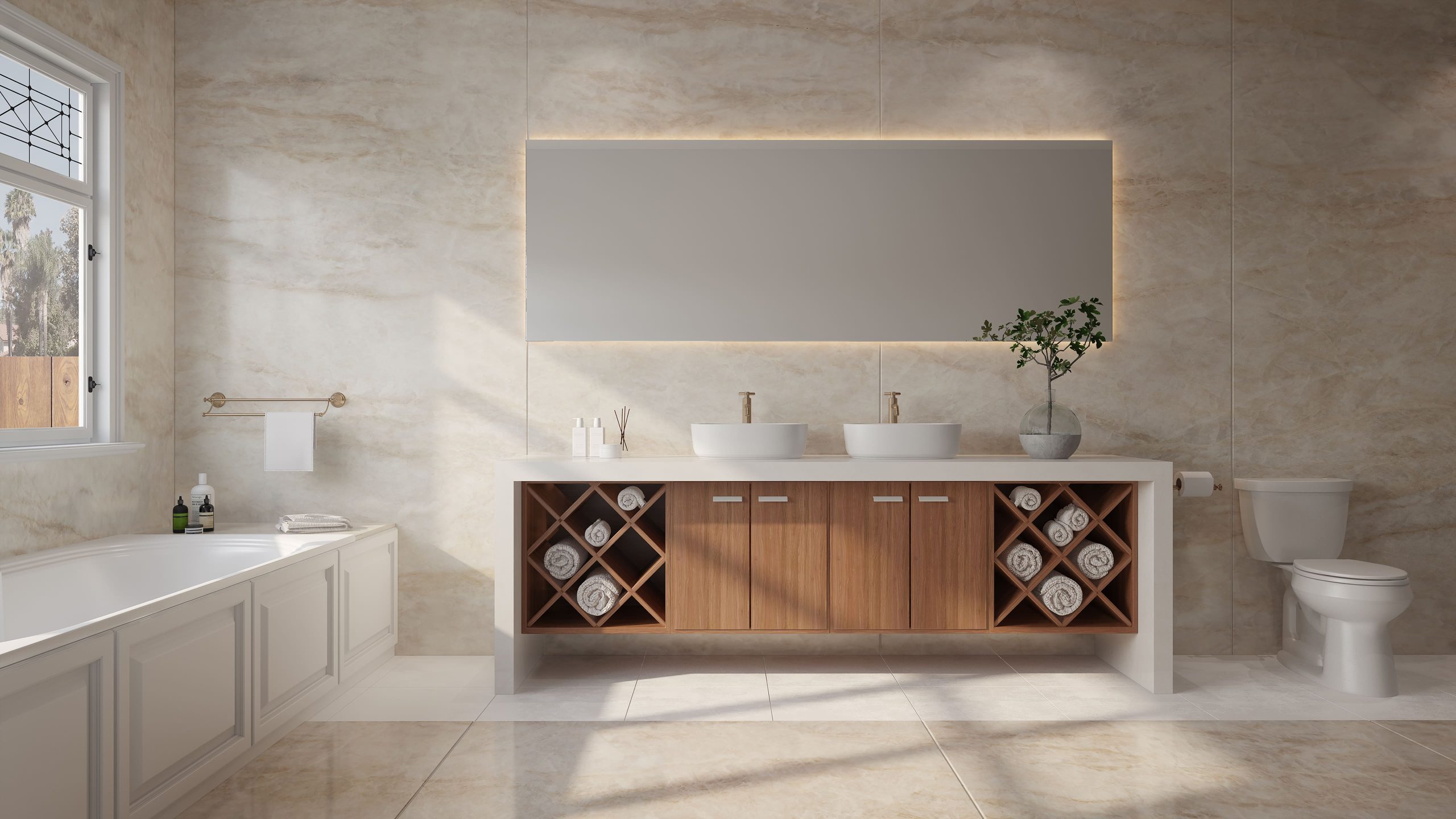 an elegant bathroom with an illuminated rectangular mirror, two vessel sinks over the white bath counters with a wooden cabinet base that has rolled towel cloths, a bathtub, a white toilet bowl, and a Stonika Arga flooring and walls
