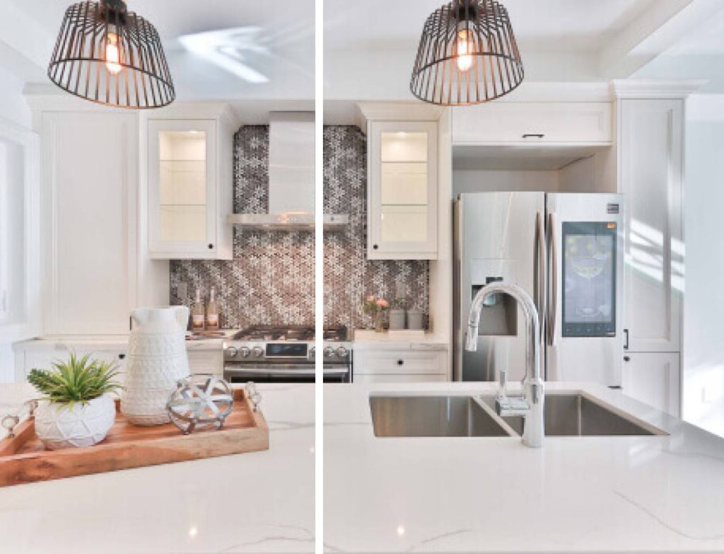 a white countertop with sink and serving tray with decorative plants and vase against the kitchen background with white cabinetry, kitchen appliances, and patterned backsplash