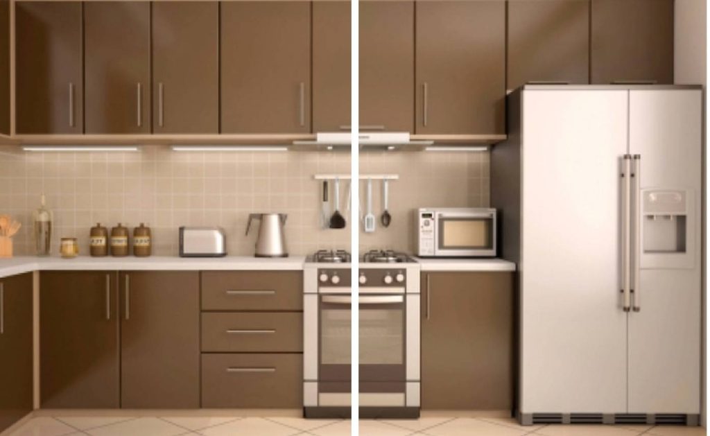 a kitchen area with brown glossy cabinets and white countertop with stove, kettle, microwave, and other kitchen utensils next to the refrigerator
