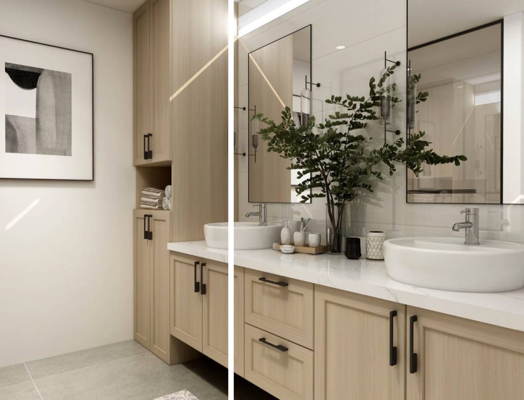 a bathroom vanity with two vessel sinks, two mirrors, and plant decorations above the white counters on the wooden cabinets with black handles