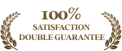 100% satisfaction double guarantee text with leaf laurel border on a transparent background