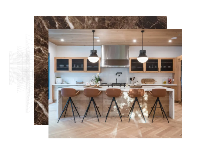 A well-lit modern kitchen in brown, black, and white that has a white countertop, a long kitchen island with chairs in brown and black, black lighting fixture, and cabinets with black interior and wooden frames