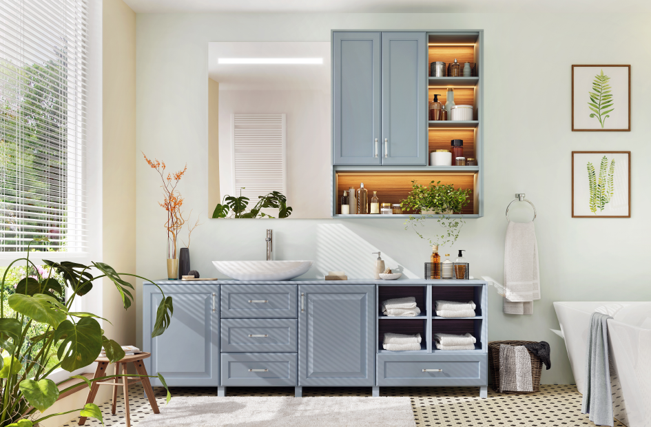 a cozy bathroom vanity area with a mirror, blue-gray cabinets beneath the countertop, and an oval sink